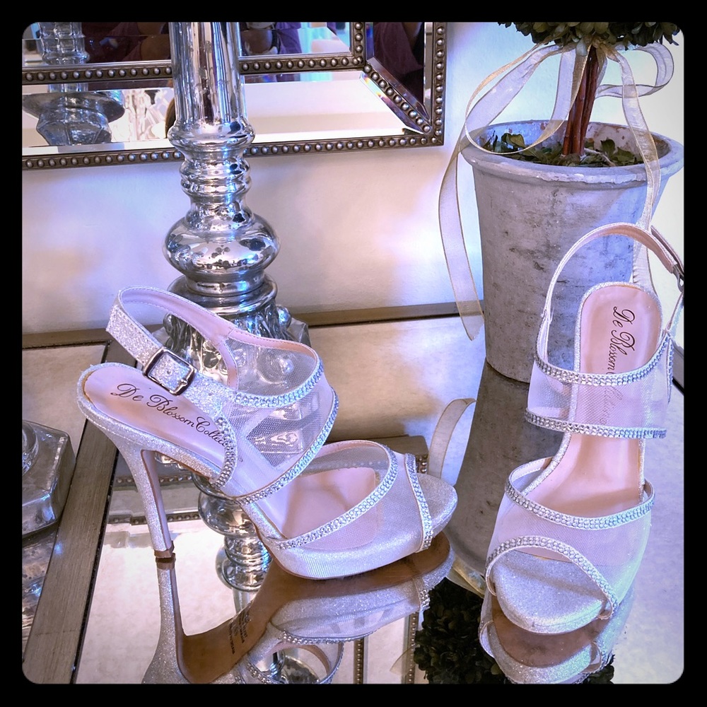 Silver crystal embellished mesh heels